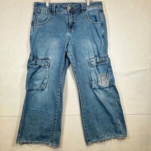 ALAB Ether Jeans Mens 36 Blue Denim Cargo Wide Leg Raw Hem Streetwear Y2K Vtg